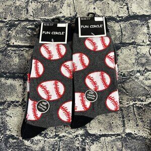 Fun Circle Men's Baseball Themed Sox size 10-13 Crew Socks 2 Pair Shoe sz 6-12